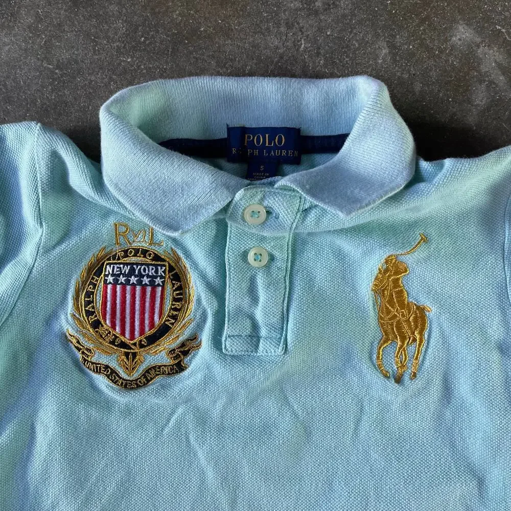 Modern big pony New York golden embroidered kids Ralph Lauren polo shirt size 5